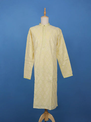 Light Yellow Floral Designed Cotton Kurta Set - Diadem