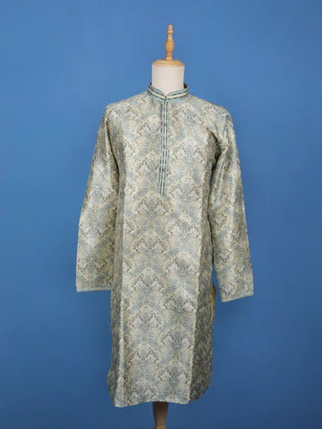 Light Yellow Floral Woven Silk Kurta For Men - Diadem