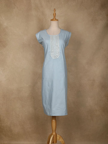 Light Blue Floral Designed Cotton Kurti - Diadem