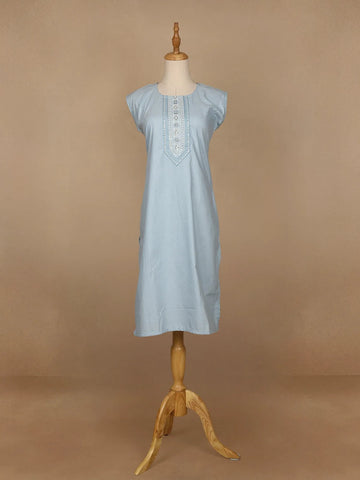 Light Blue Floral Designed Cotton Kurti - Diadem