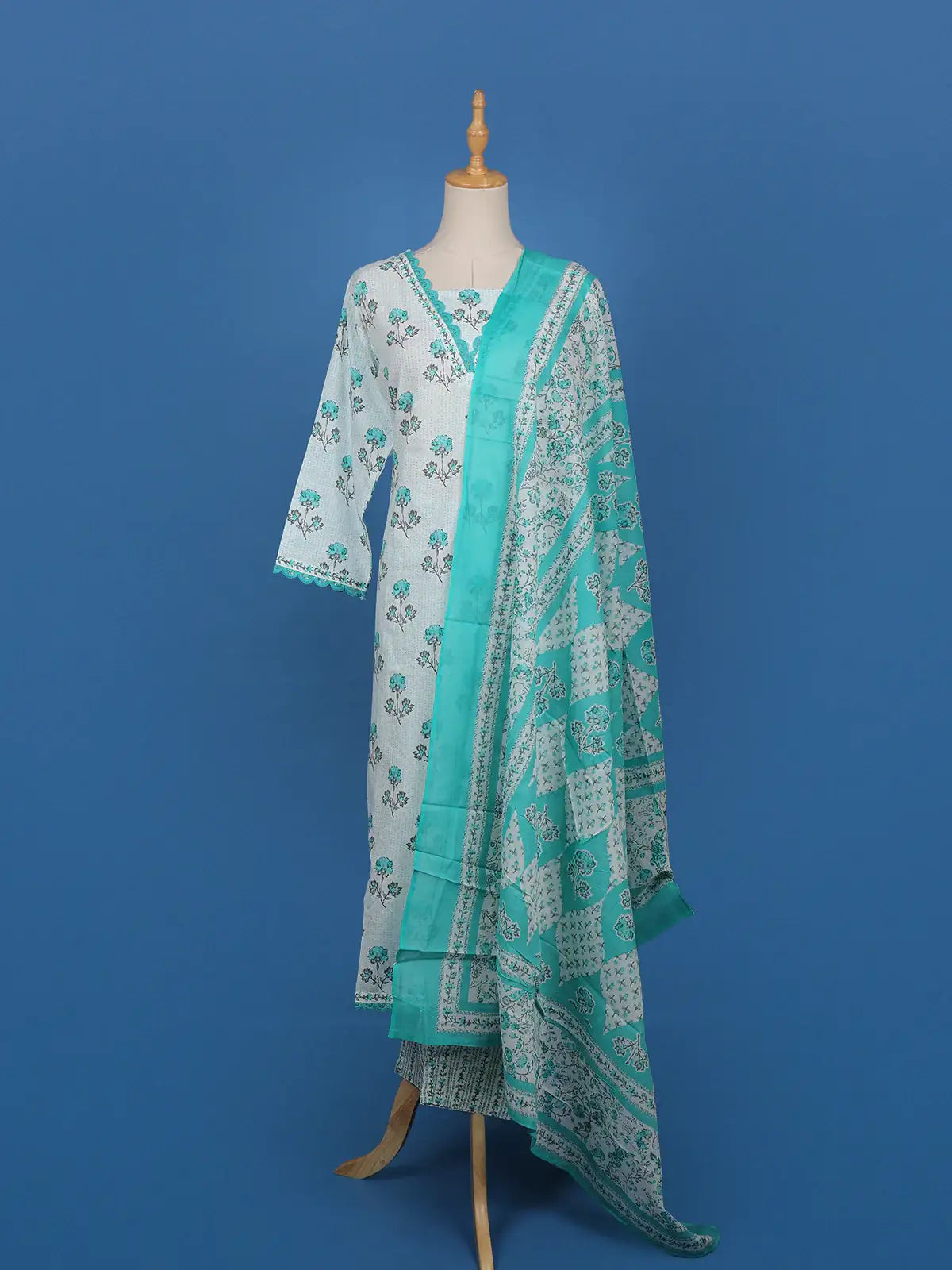 Light Blue Floral Designed Cotton Salwar Suit - Diadem