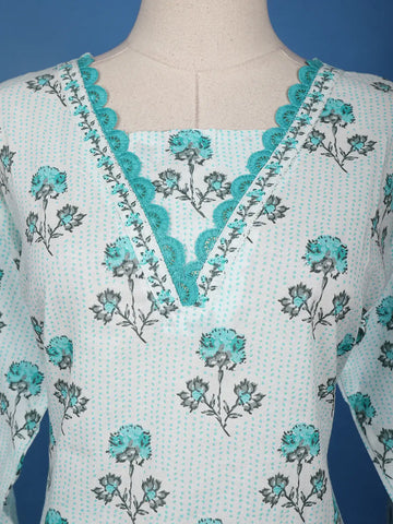 Light Blue Floral Designed Cotton Salwar Suit - Diadem