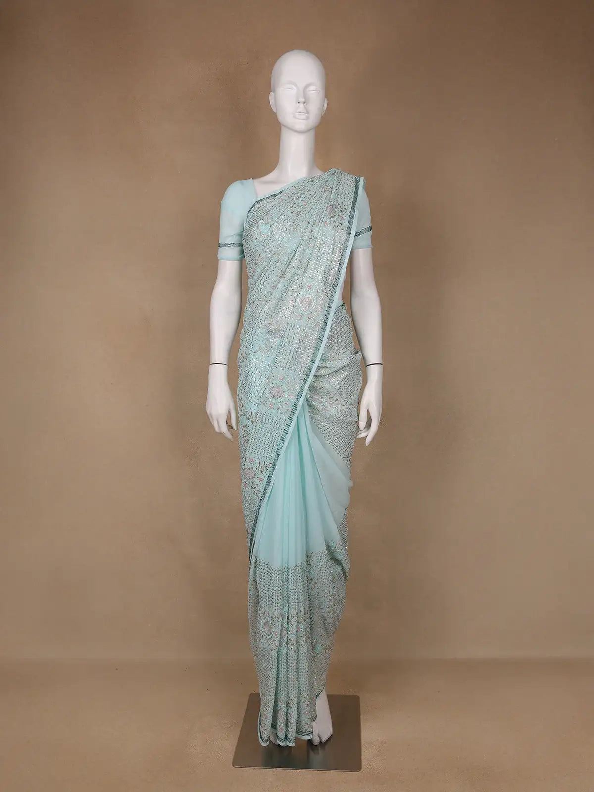 Light Blue Floral Designed Organza Designer Saree - Diadem