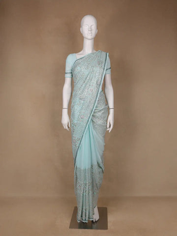 Light Blue Floral Designed Organza Designer Saree - Diadem