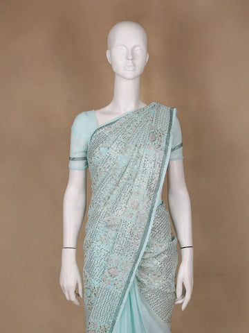 Light Blue Floral Designed Organza Designer Saree - Diadem