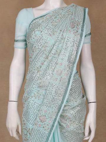 Light Blue Floral Designed Organza Designer Saree - Diadem