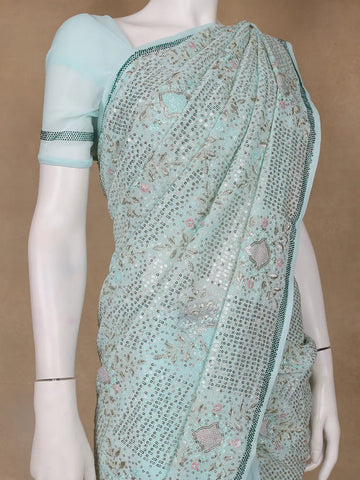 Light Blue Floral Designed Organza Designer Saree - Diadem