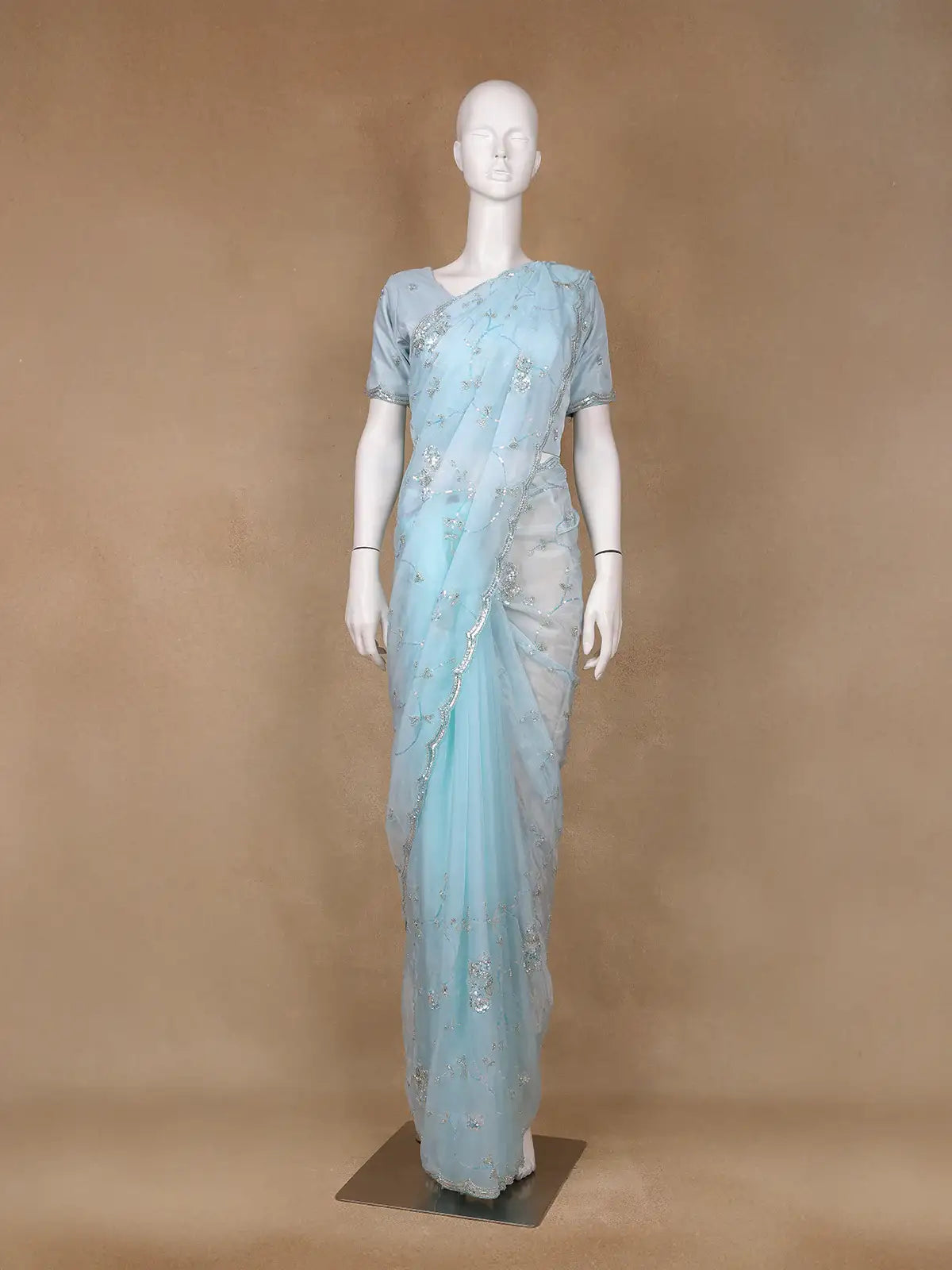 Light Blue Floral Motif Sequin Designed Organza Designer Saree - Diadem