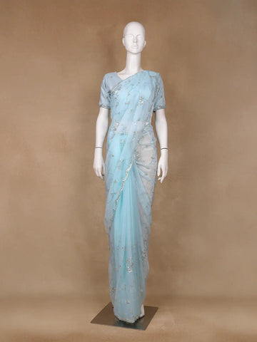 Light Blue Floral Motif Sequin Designed Organza Designer Saree - Diadem