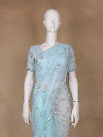 Light Blue Floral Motif Sequin Designed Organza Designer Saree - Diadem