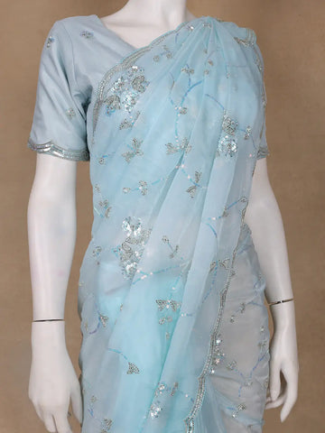 Light Blue Floral Motif Sequin Designed Organza Designer Saree - Diadem