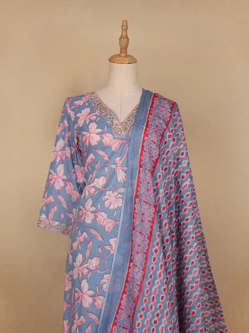 Light Blue Floral Printed Cotton Salwar Suit - Diadem