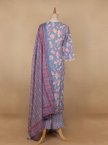 Light Blue Floral Printed Cotton Salwar Suit - Diadem