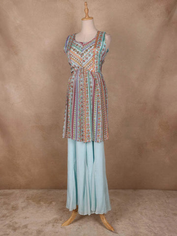 Light Blue Floral Printed Crepe Palazzo Suit - Diadem
