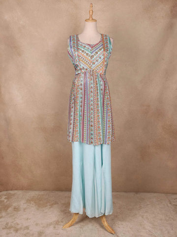 Light Blue Floral Printed Crepe Palazzo Suit - Diadem