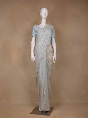 Light Blue Floral Motif Sequin Designed Organza Designer Saree - Diadem