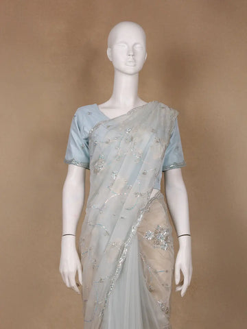 Light Blue Floral Motif Sequin Designed Organza Designer Saree - Diadem