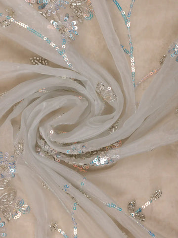 Light Blue Floral Motif Sequin Designed Organza Designer Saree - Diadem