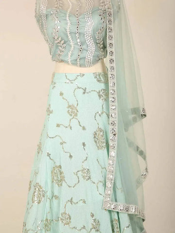 Light Blue Lehenga Adorned in Floral Sequins with Dupatta - Diadem