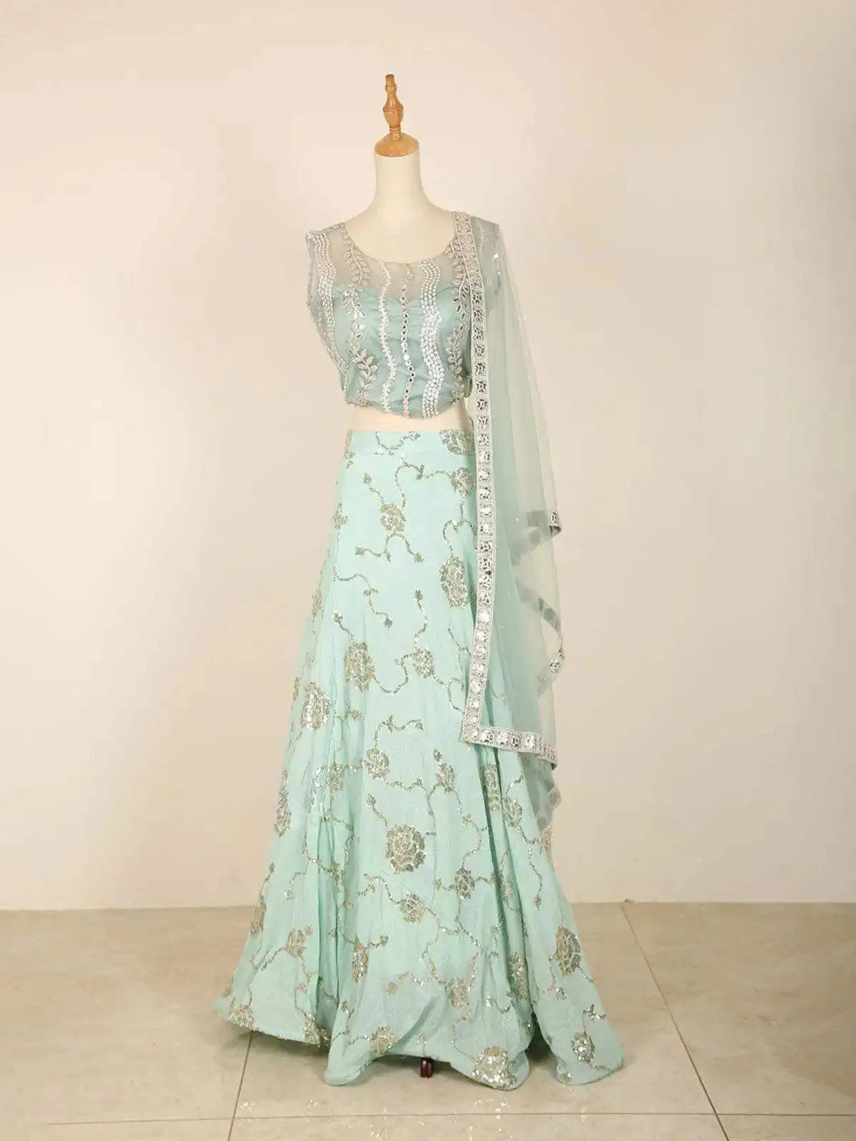 Light Blue Lehenga Adorned in Floral Sequins with Dupatta - Diadem