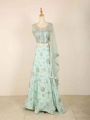Light Blue Lehenga Adorned in Floral Sequins with Dupatta - Diadem