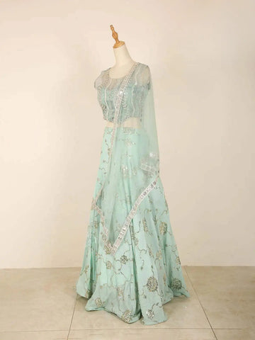 Light Blue Lehenga Adorned in Floral Sequins with Dupatta - Diadem