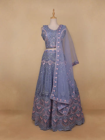 Light Blue Mirror Embroidered Net Lehenga Set - Diadem