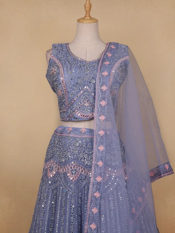 Light Blue Mirror Embroidered Net Lehenga Set - Diadem