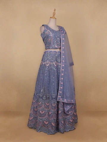 Light Blue Mirror Embroidered Net Lehenga Set - Diadem