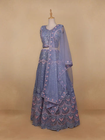 Light Blue Mirror Embroidered Net Lehenga Set - Diadem