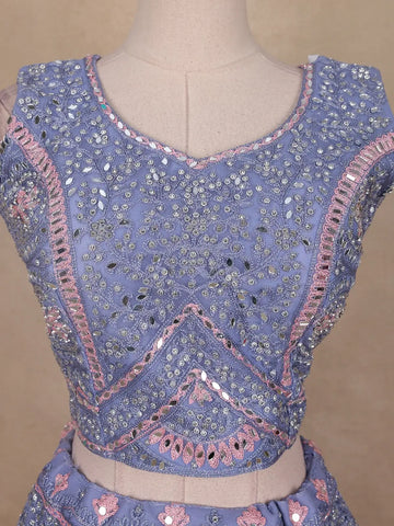 Light Blue Mirror Embroidered Net Lehenga Set - Diadem