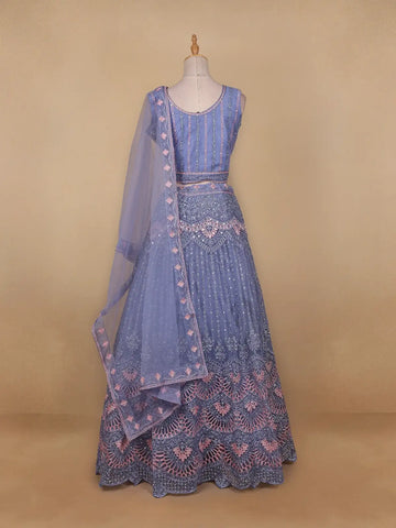 Light Blue Mirror Embroidered Net Lehenga Set - Diadem