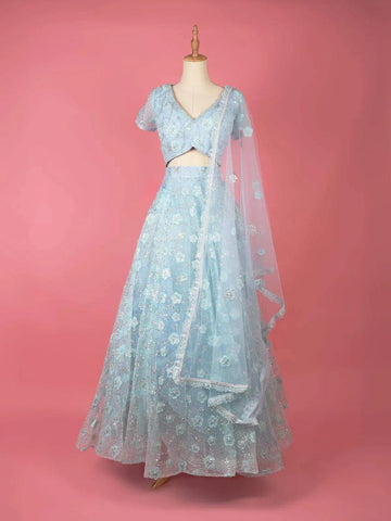 Light Blue Net Bridal Lehenga with Floral Sequins Beads - Diadem