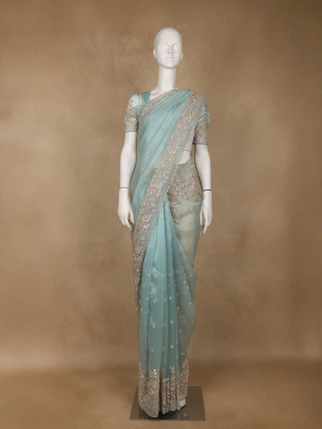 Light Blue Sequin Floral Designed Net Saree - Diadem
