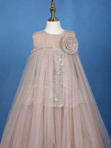 Beige Floral Design Sequins Work Net Gown - Diadem