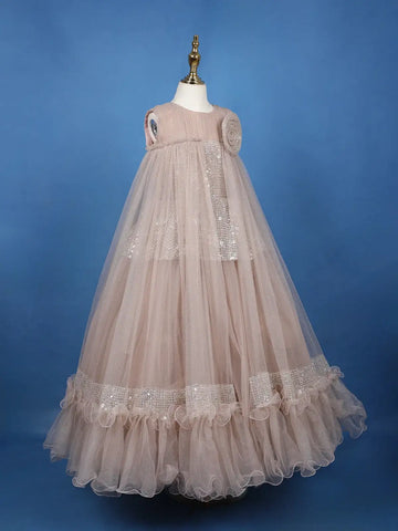 Beige Floral Design Sequins Work Net Gown - Diadem