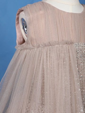 Beige Floral Design Sequins Work Net Gown - Diadem