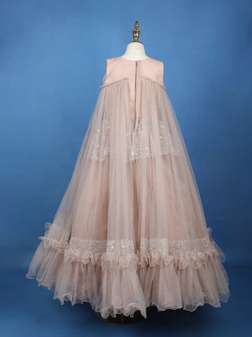 Beige Floral Design Sequins Work Net Gown - Diadem