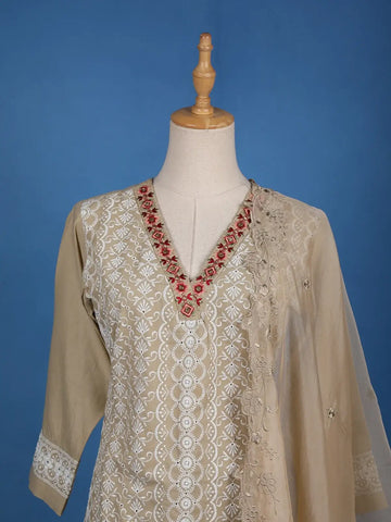 Light Brown Floral Designed Cotton Salwar Suit - Diadem