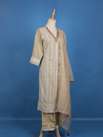 Light Brown Floral Designed Cotton Salwar Suit - Diadem