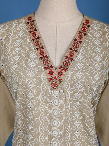 Light Brown Floral Designed Cotton Salwar Suit - Diadem