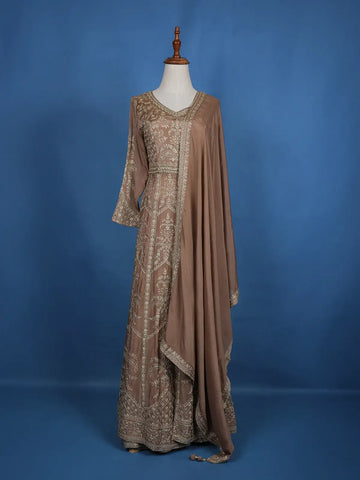 Light Brown Floral Embroidered Cotton Lehenga - Diadem