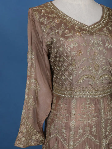 Light Brown Floral Embroidered Cotton Lehenga - Diadem