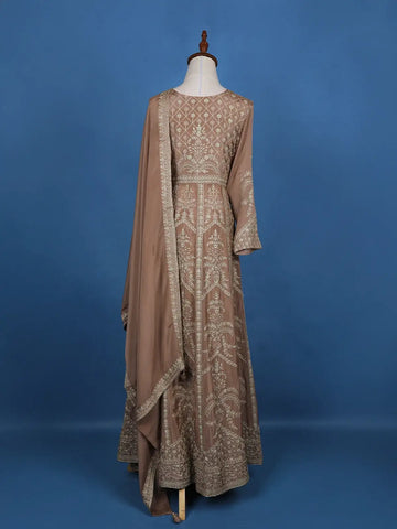 Light Brown Floral Embroidered Cotton Lehenga - Diadem