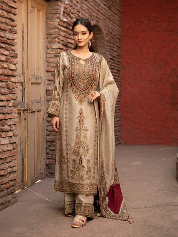 Light Brown Floral Embroidered Crepe Palazzo Salwar Suit - Diadem