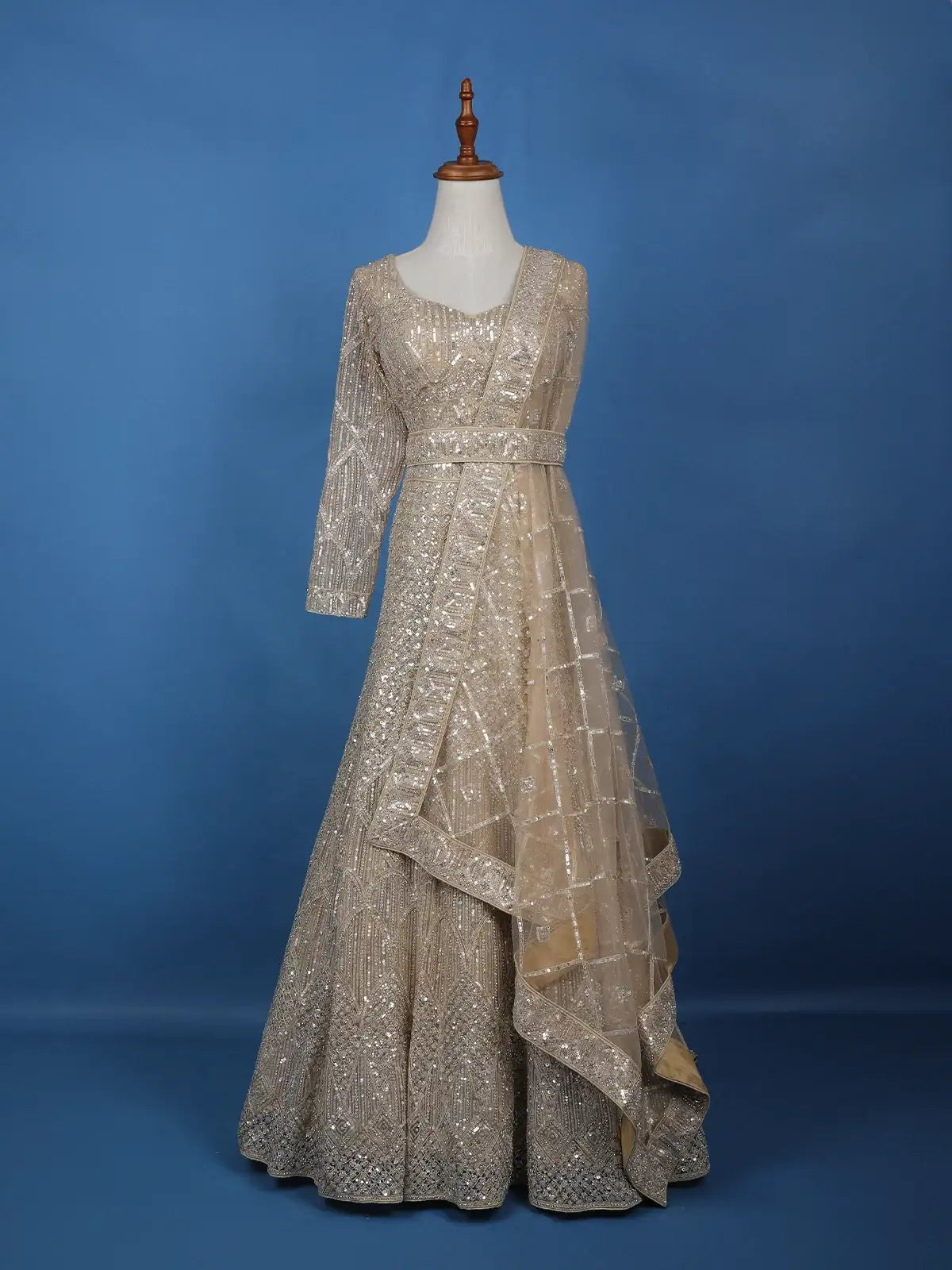 Light Brown Net Lehenga Embellished with Floral Sequins and Beads with Dupatta - Diadem