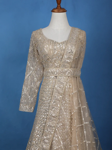 Light Brown Net Lehenga Embellished with Floral Sequins and Beads with Dupatta - Diadem