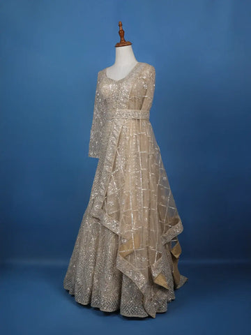Light Brown Net Lehenga Embellished with Floral Sequins and Beads with Dupatta - Diadem