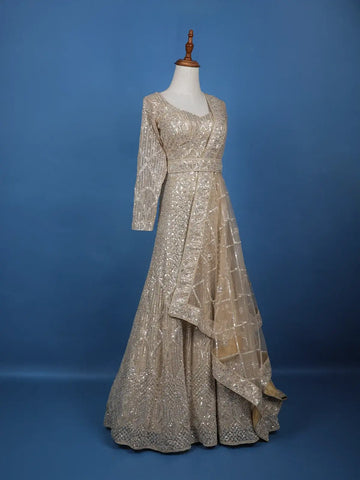 Light Brown Net Lehenga Embellished with Floral Sequins and Beads with Dupatta - Diadem