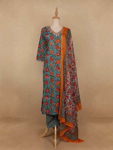 Light Green Floral Designed Cotton Salwar Suit - Diadem